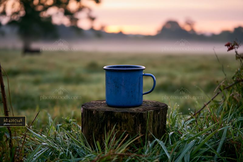 Morning coffee cup on a stump in a freshly mowed meadow