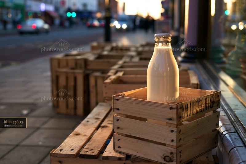 Artisan milk bottles on a street market stall at sunset