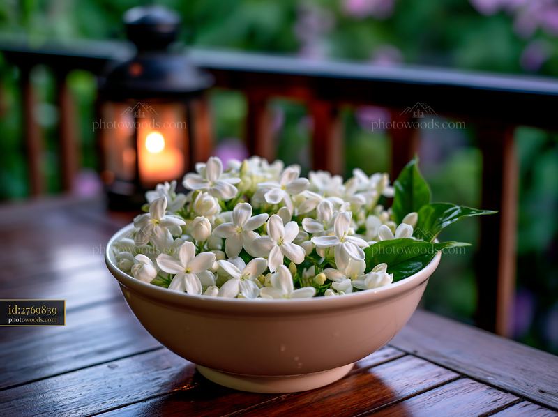 Jasmine flowers at dusk with warm candlelight