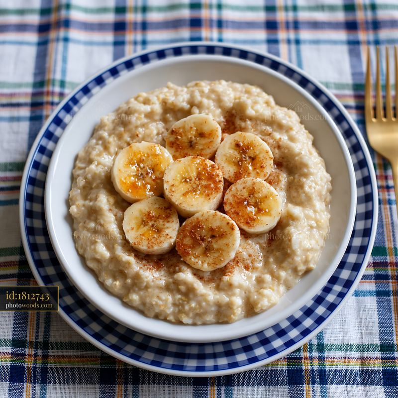 Breakfast plate with oatmeal and banana slices
