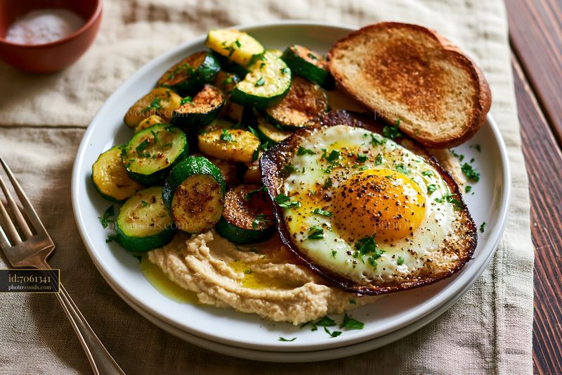 Breakfast plate with hummus, egg, and zucchini on a table