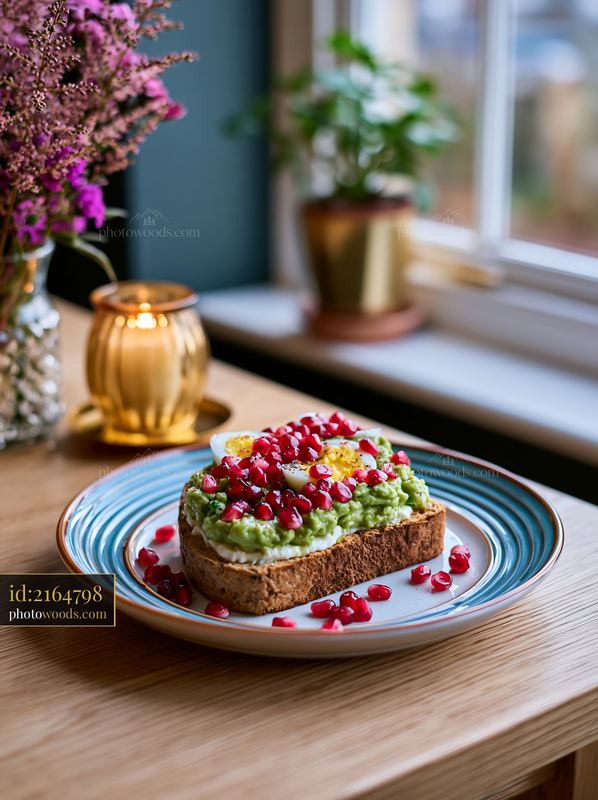 Breakfast plate with avocado toast topped with pomegranate seeds