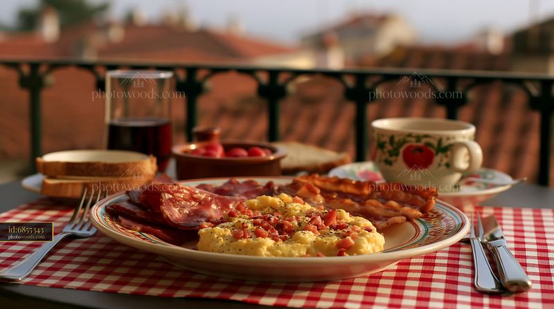 Breakfast plate with cold cuts on a balcony with a city view
