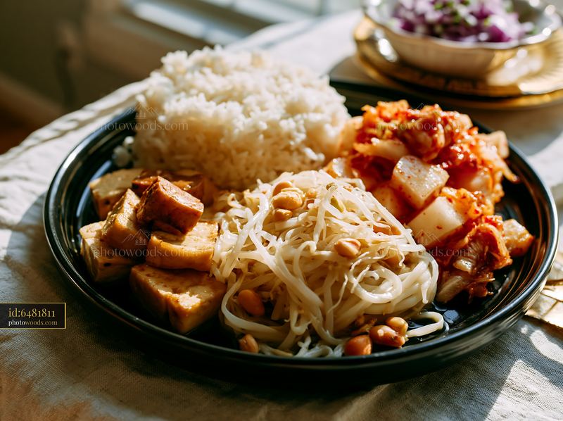 Breakfast plate with Korean breakfast featuring rice and kimchi