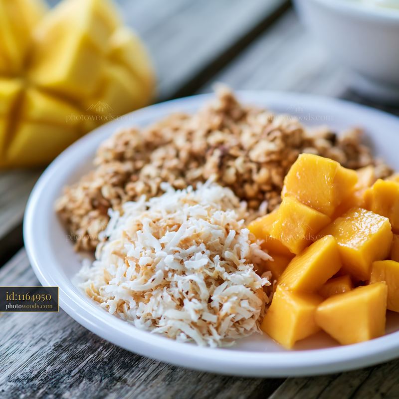 Fresh breakfast plate with muesli, mango, and coconut