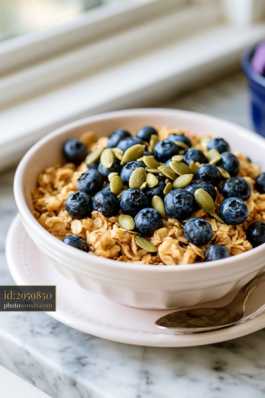 Breakfast plate with muesli topped with blueberries and seeds