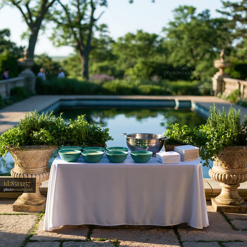 Poolside buffet table with fresh food in a garden setting