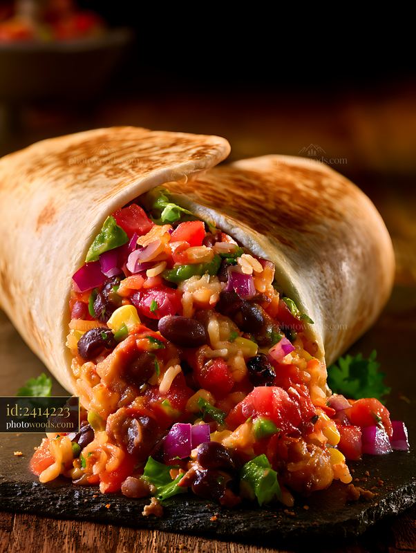 Burrito with beans, rice, and veggies on stone surface