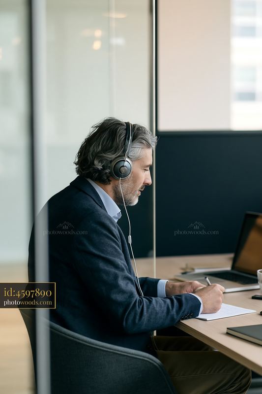 Businessman working alone in minimalist office at desk