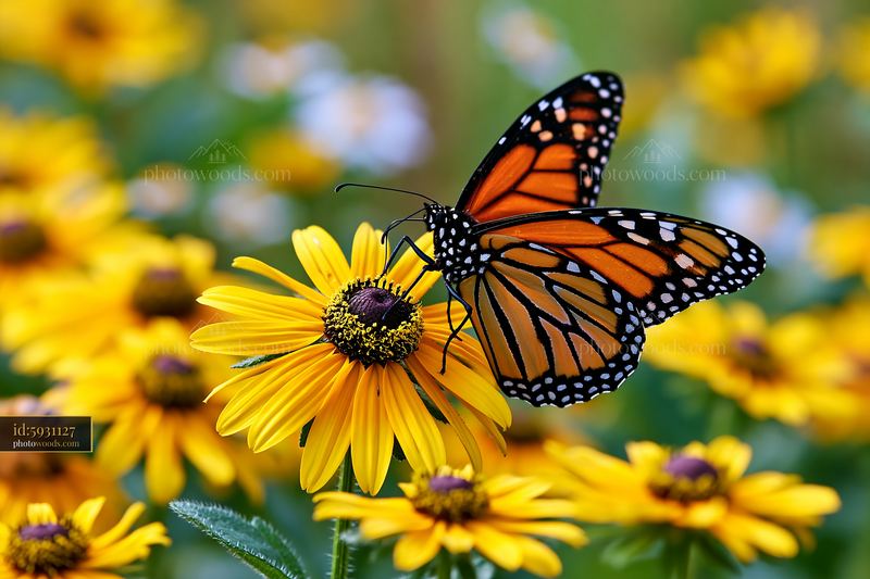 Rudbeckia flowers in sunlight with butterfly on bloom