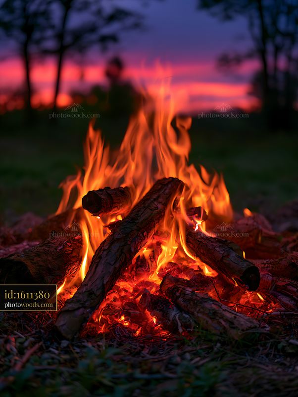 Campfire burning in the evening with colorful sky in background