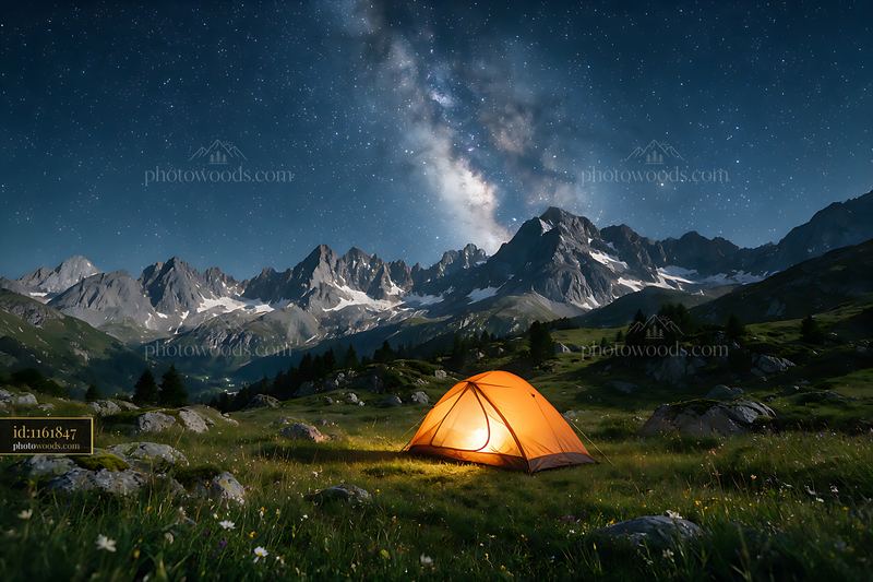 Starry night over Swiss mountains with glowing camping tent