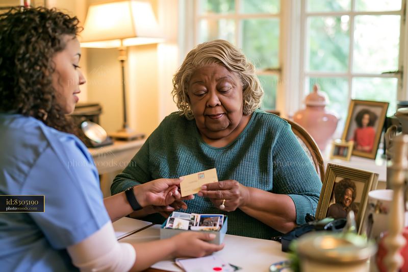 Caregiver supports senior dementia patient with conversation