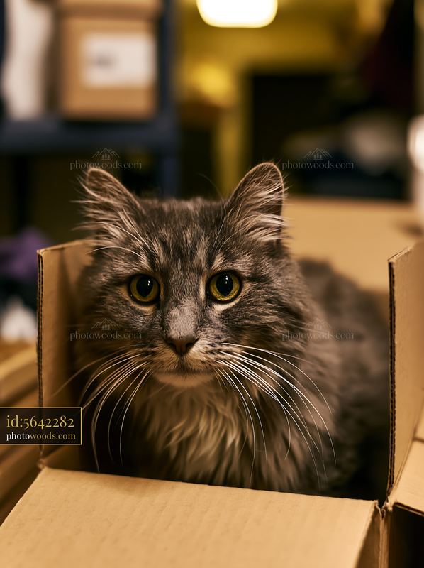 Cat sitting in a box surrounded by cardboard in a room