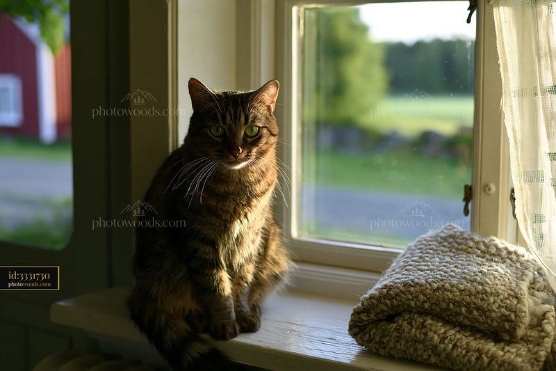 Cat sitting on country house windowsill during golden hour