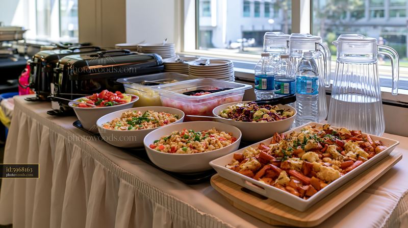 Catering buffet setup with a variety of dishes and drinks