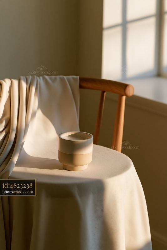 Cream dose with cream-colored fabric on a table with sunlight