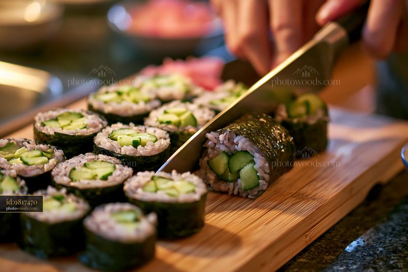 Sushi rolls being cut with knife on a wooden cutting board