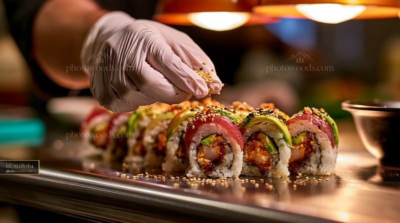Dragon roll close-up with sesame seeds being added