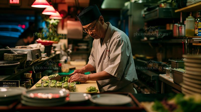 Sushi dinner preparation in a warm-lit restaurant kitchen