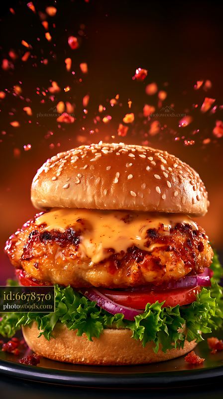 Juicy chicken burger with cheese, lettuce, and sesame bun