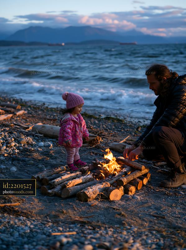 Coastline with beach bonfire at sunset with child and adult
