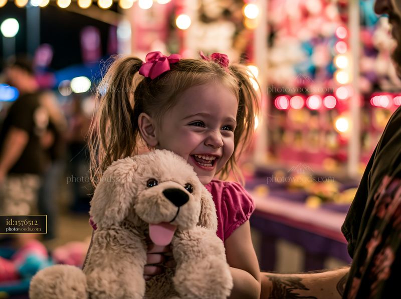 Child winning stuffed animal at fair booth
