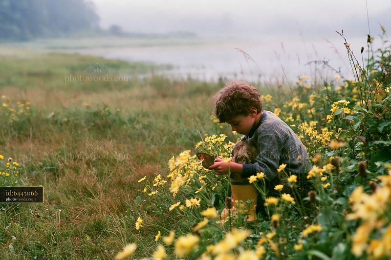 Child with dog in wildflower meadow by misty shoreline