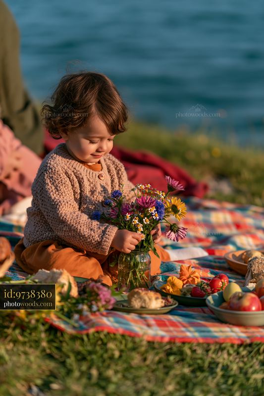 Swiss picnic by alpine lake with child arranging flowers