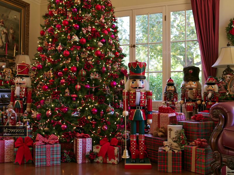Christmas living room decorated with nutcracker figurines