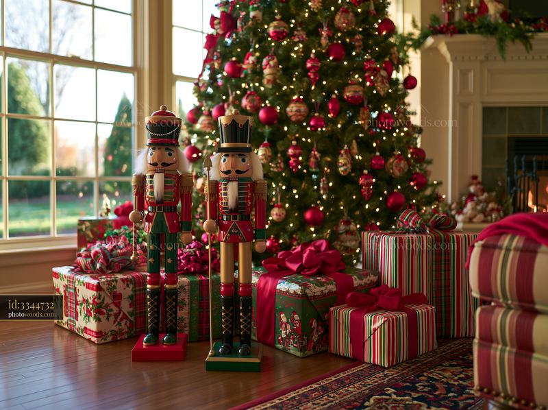 Christmas living room with nutcracker figurines and decorated tree