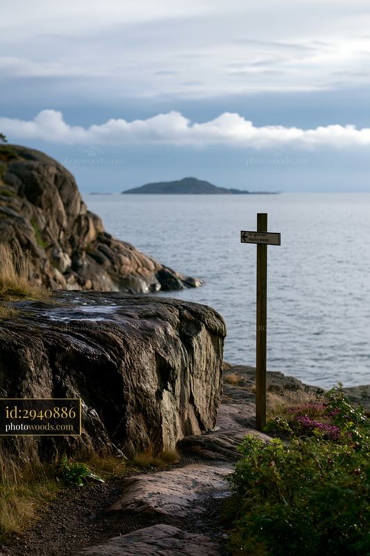 Lush coastal path with a sign near rocky terrain and ocean water