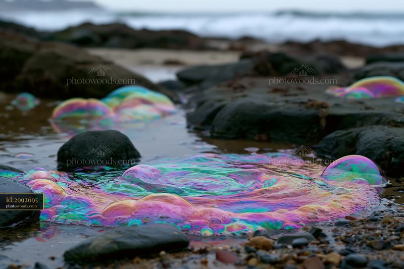 Iridescent bubble foam spiral on rocky beach shore