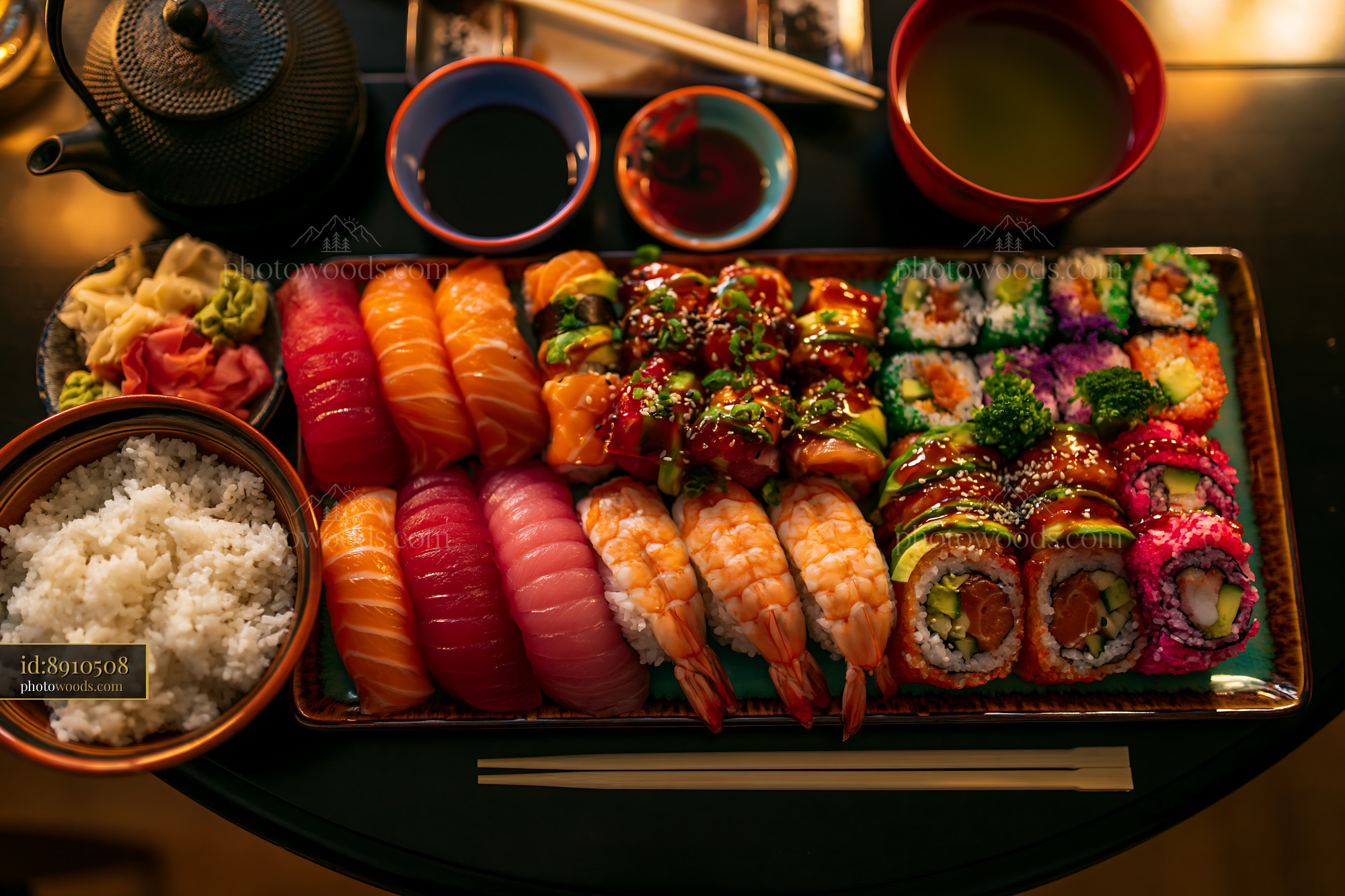 A colorful sushi platter features various sushi types, rice, and sauces on a dark wooden table.