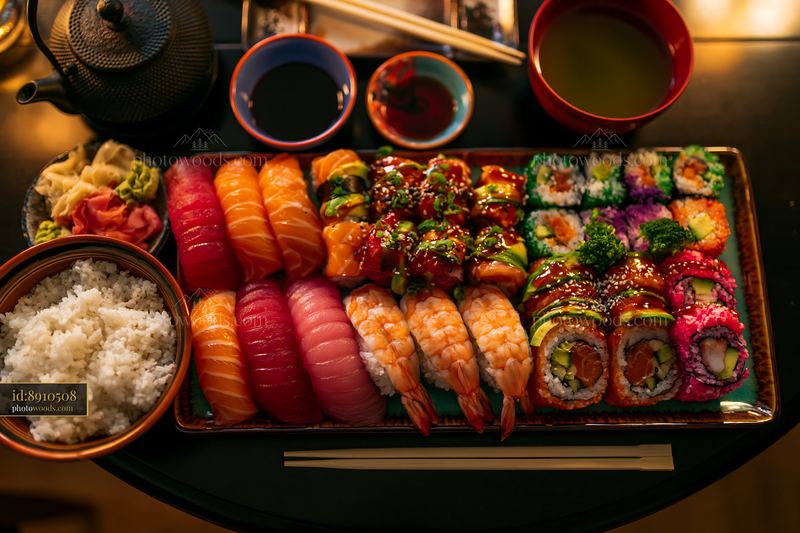 Sushi platter with rice, sauces, and garnishes on a dark table