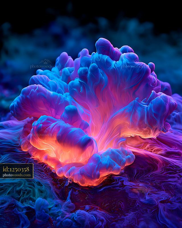 Bright neon coral with vibrant colors on a deep dark background