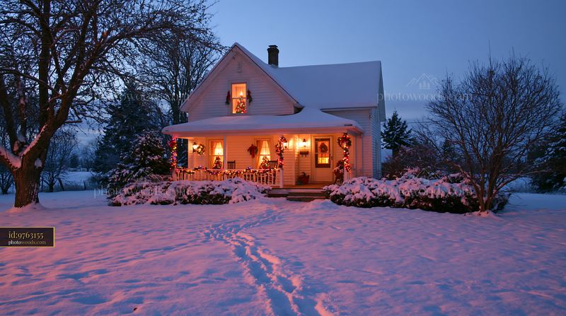 Country cottage with Christmas decorations in winter