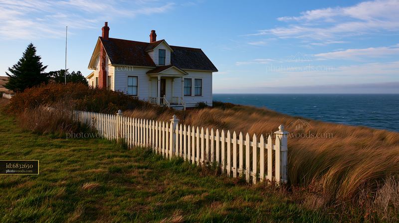Country home features a white picket fence near the ocean