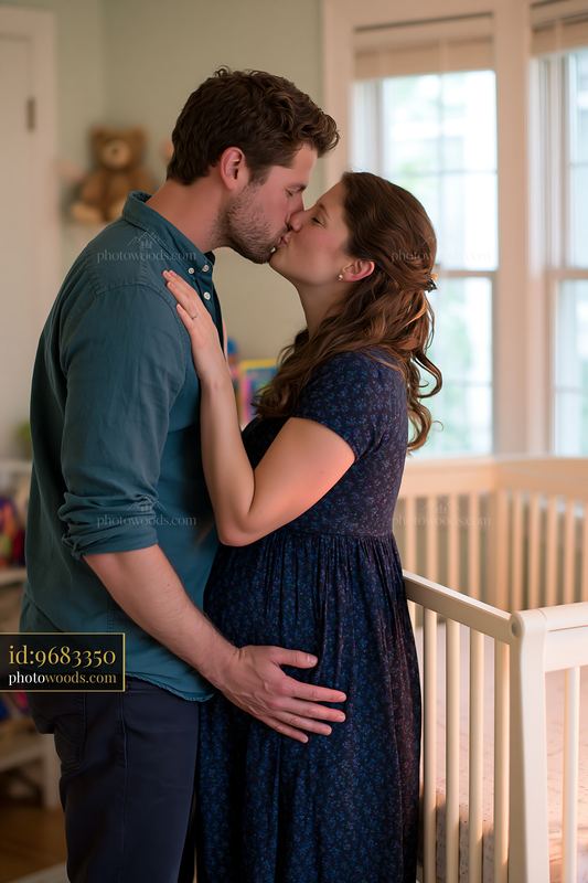 Couple sharing a kiss in a nursery during pregnancy