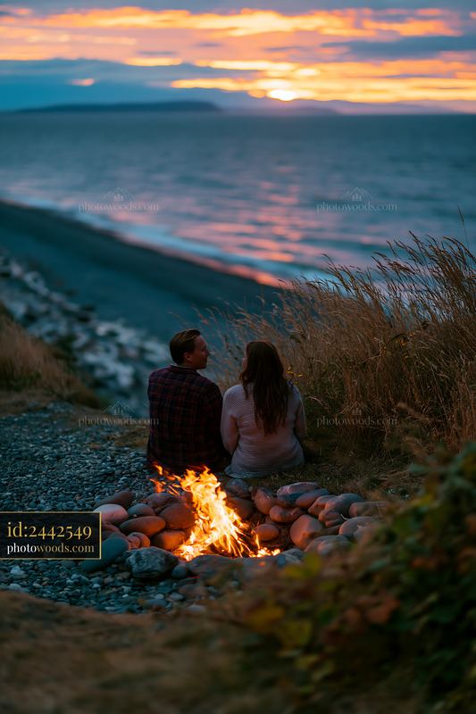 Couple sitting by a bonfire on the beach at sunset