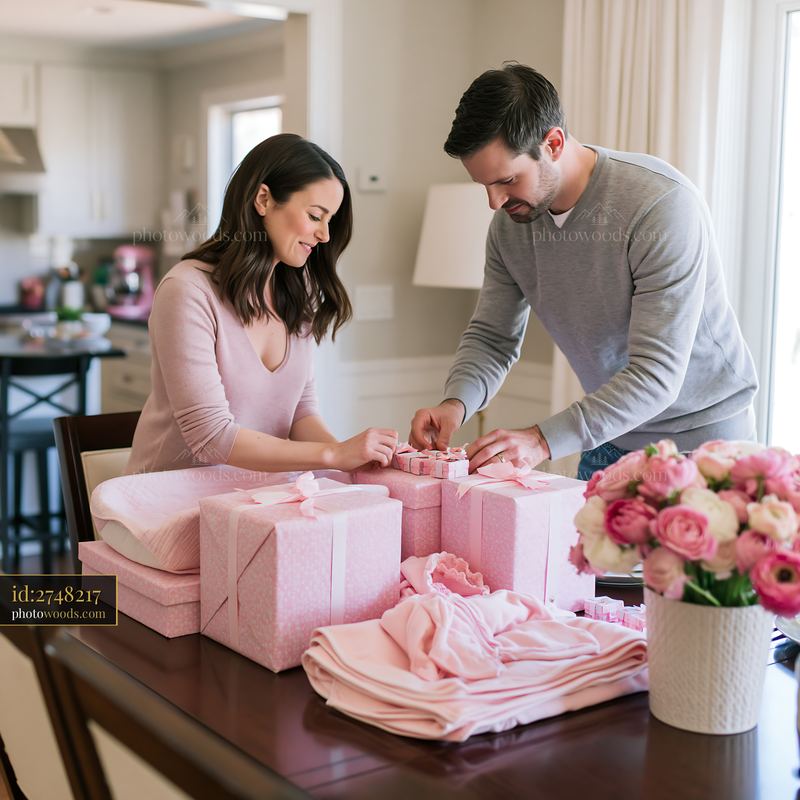 Parents arranging gifts on dining table for a special occasion