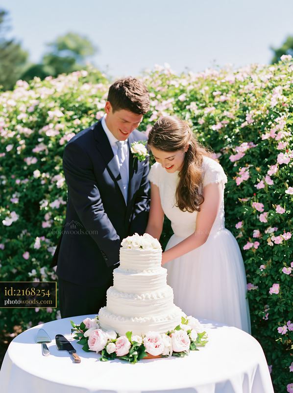 Couple cutting wedding cake at garden wedding reception