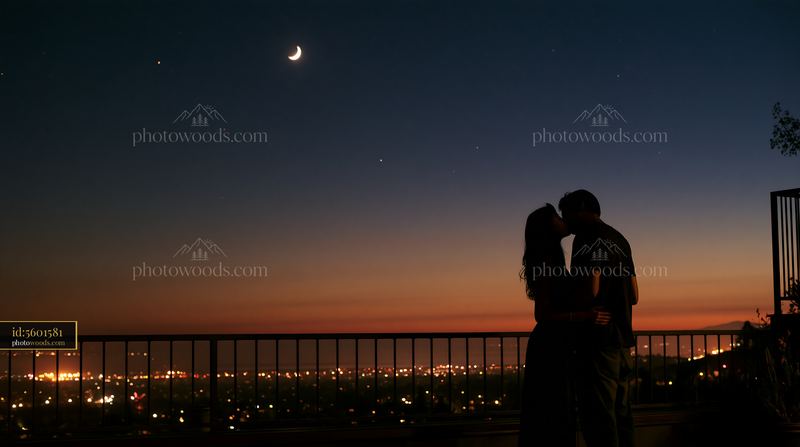 Silhouette of couple kissing under moon and stars in the evening
