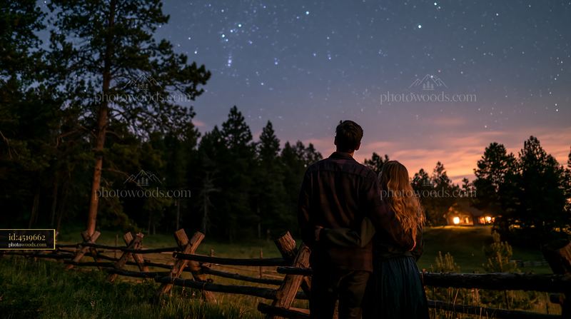 Couple standing under stars in a pine forest