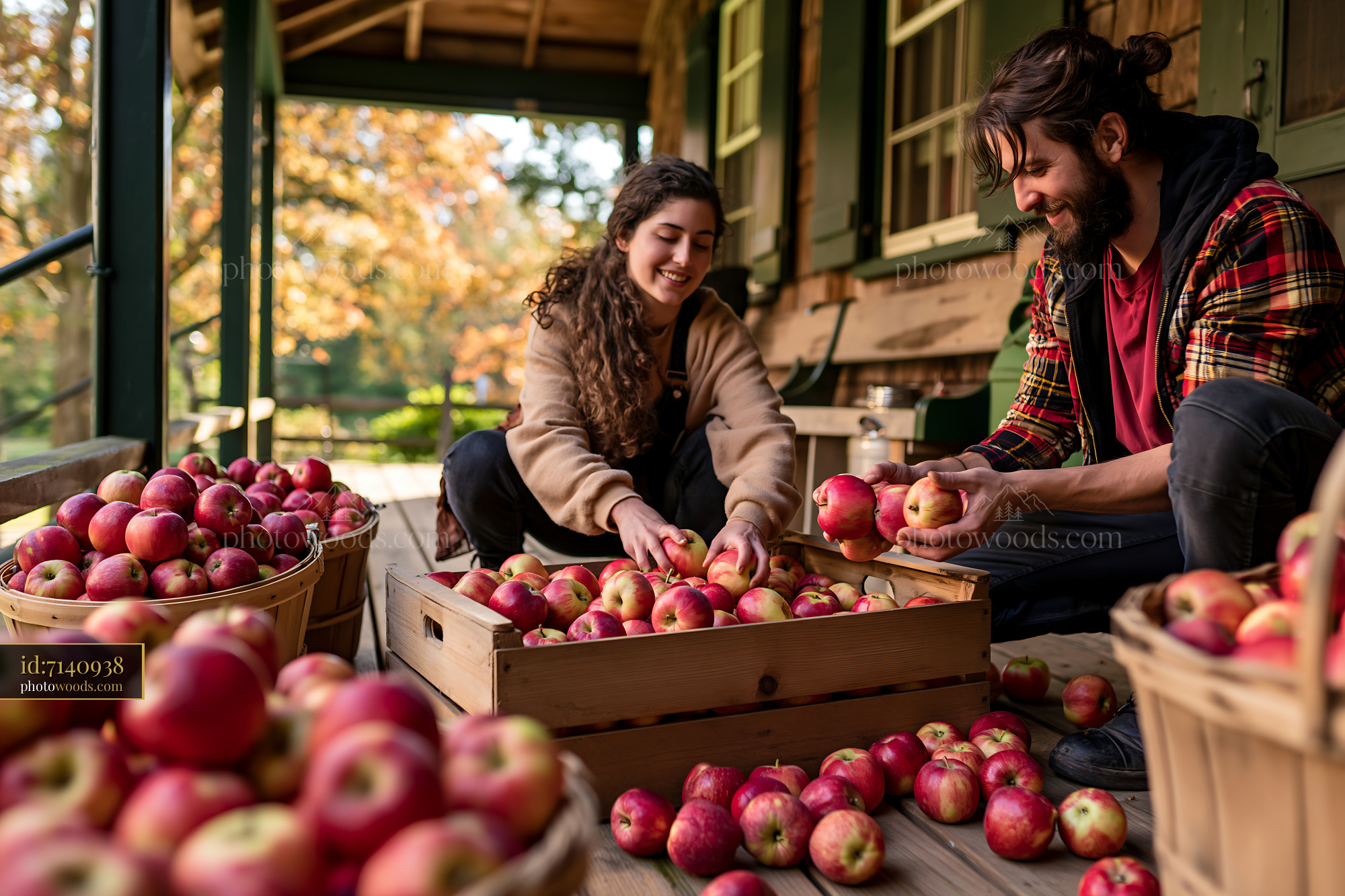 A couple on cottage porch sorts through baskets of freshly picked apples.