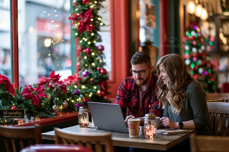 Couple at laptop in a cozy, festive coffee shop