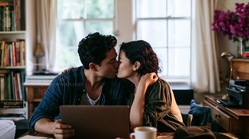 Partners sharing tender kiss at home