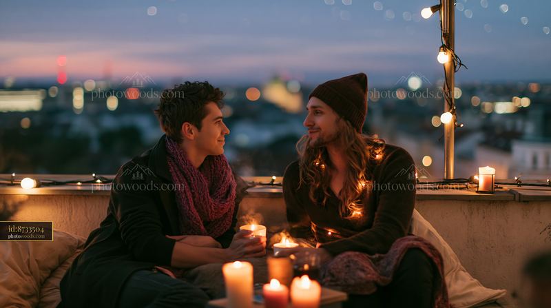 Couple sharing hot drinks under stars on a rooftop