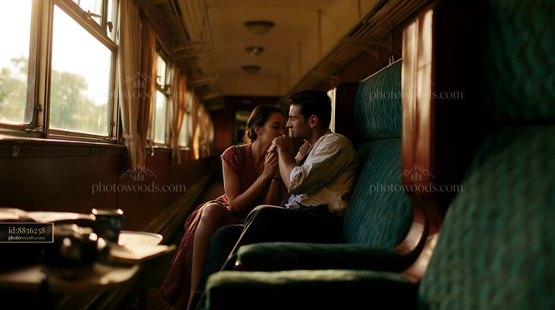 Couple sharing a gentle kiss while sitting in a train compartment