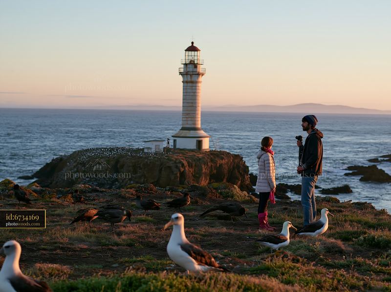 Lighthouse with a couple exploring the coast at sunset